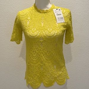 NWT ZARA Neon Yellow Lace Top Short Sleeve SZ. S